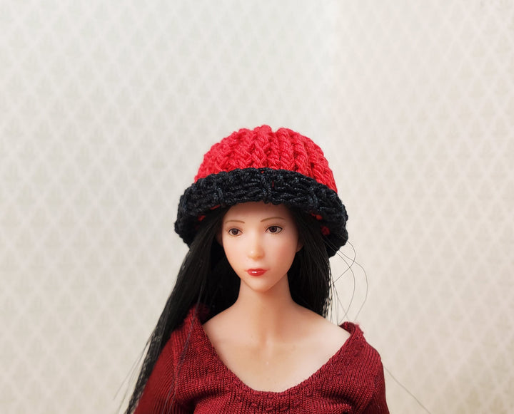 Dollhouse Crocheted Beanie Cap Hat Red and Black Wearable 1:12 Scale Miniature
