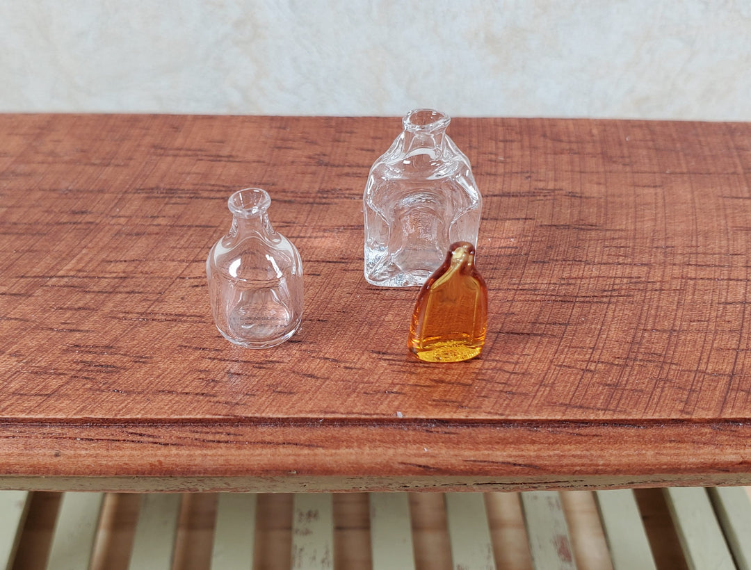 Dollhouse Miniature 3 Glass Jars 2 Clear 1 Amber Flask 1:12 Scale