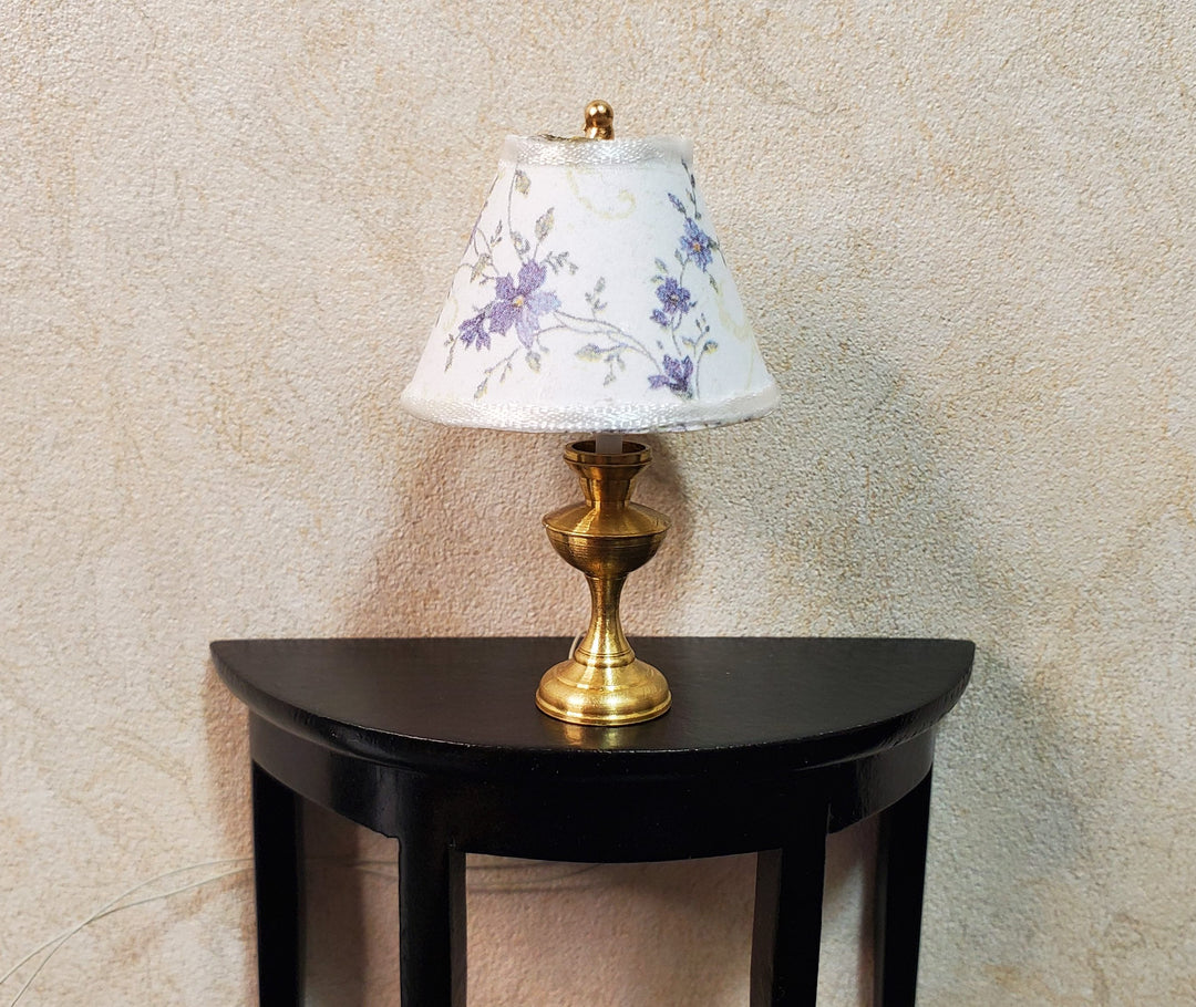 Dollhouse Table Lamp Purple Floral Shade Brass Base 12 Volt Wired 1:12 Scale