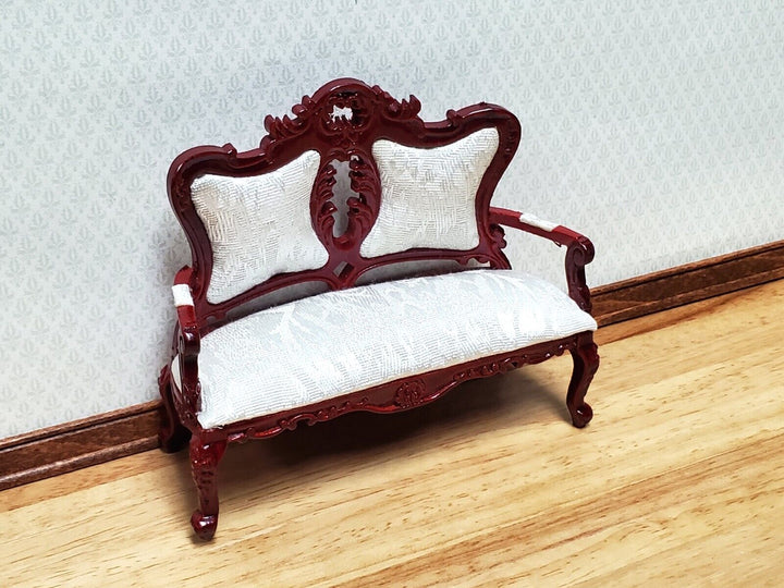 Dollhouse Victorian Sofa Couch White Brocade Style Fabric Mahogany Finish 1:12 Miniature Furniture