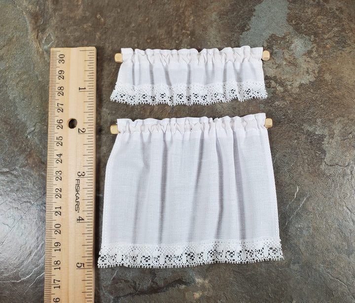 Dollhouse White Fabric Cafe Curtains & Valance Curtain Rod 1:12 Scale Miniature