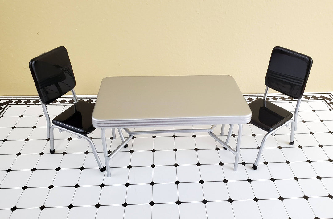 Dollhouse Miniatures 1950s Style Kitchen Table with 2 Black Chairs 1:12 Scale