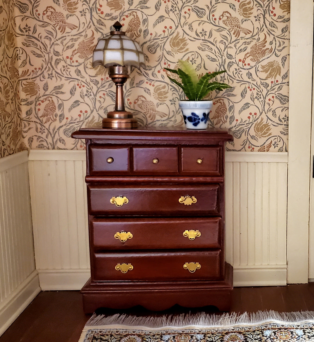 Dollhouse Miniature Dresser Chest Tall 4 Drawer 1:12 Scale Mahogany Finish