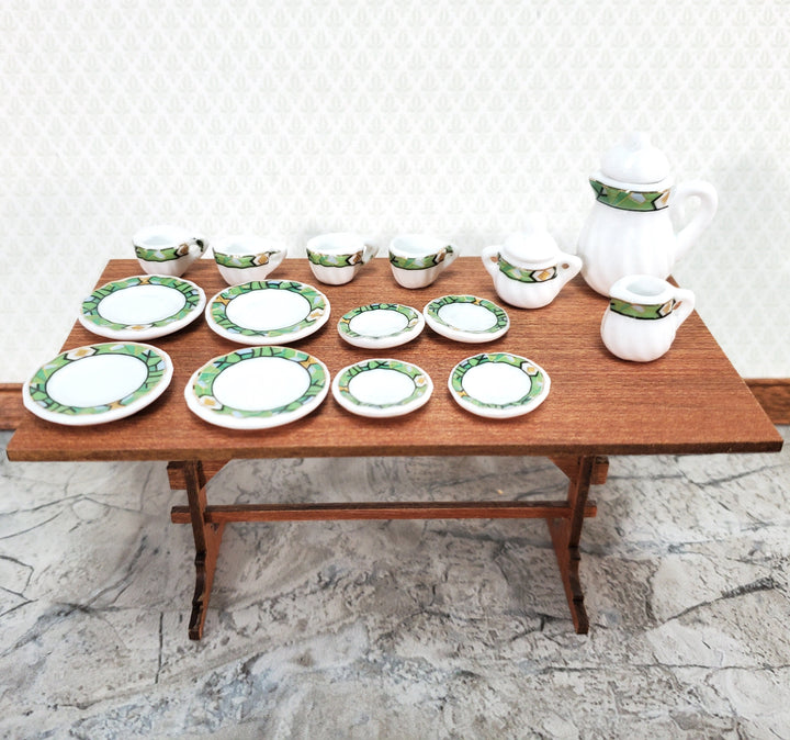 Dollhouse Coffee Tea Set Large Ceramic Pot Plates Cups Saucers 1:12 Scale Green White