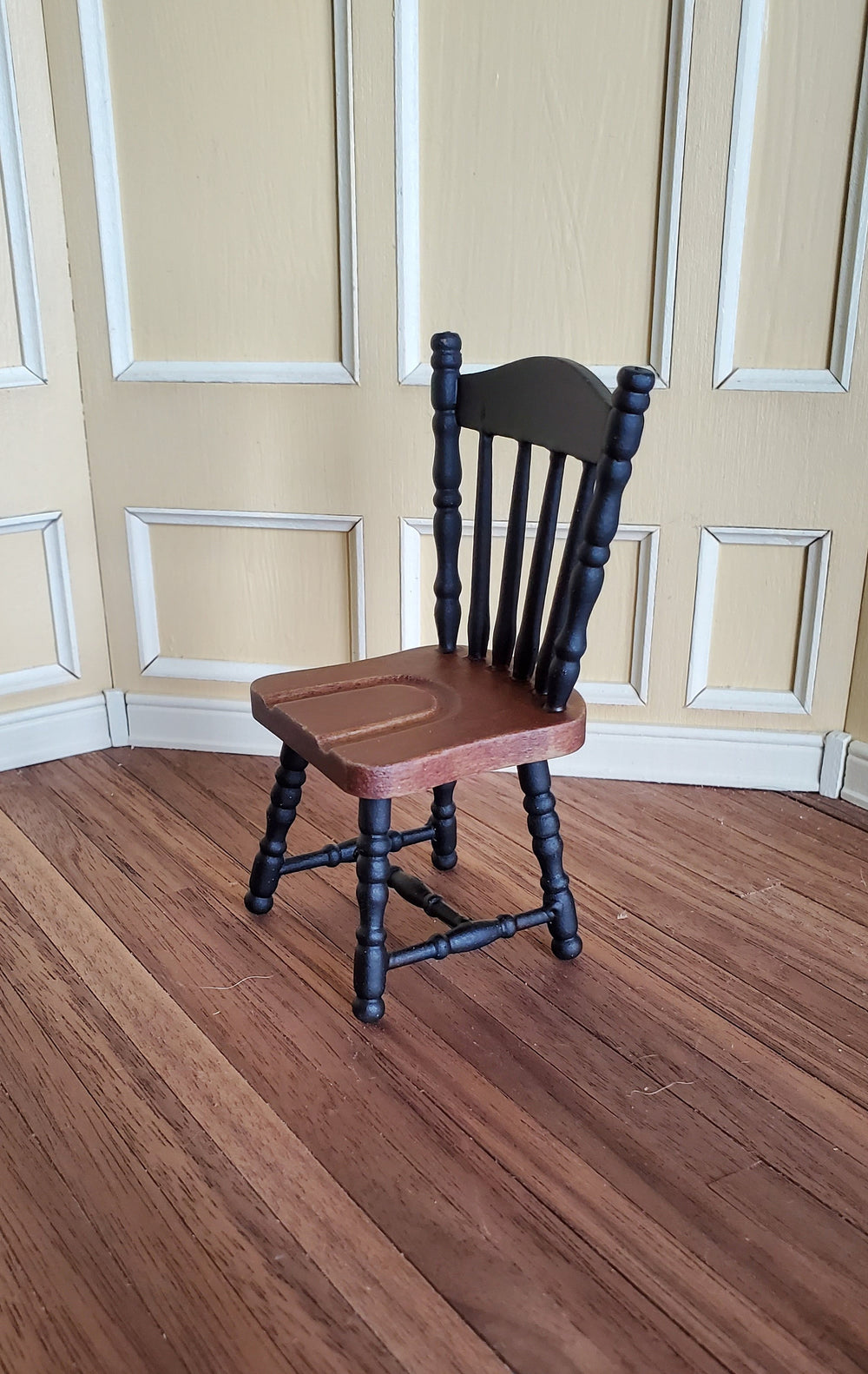 Dollhouse Miniature Kitchen Chair Black & Dark Walnut Spindle Back 1:12 Scale