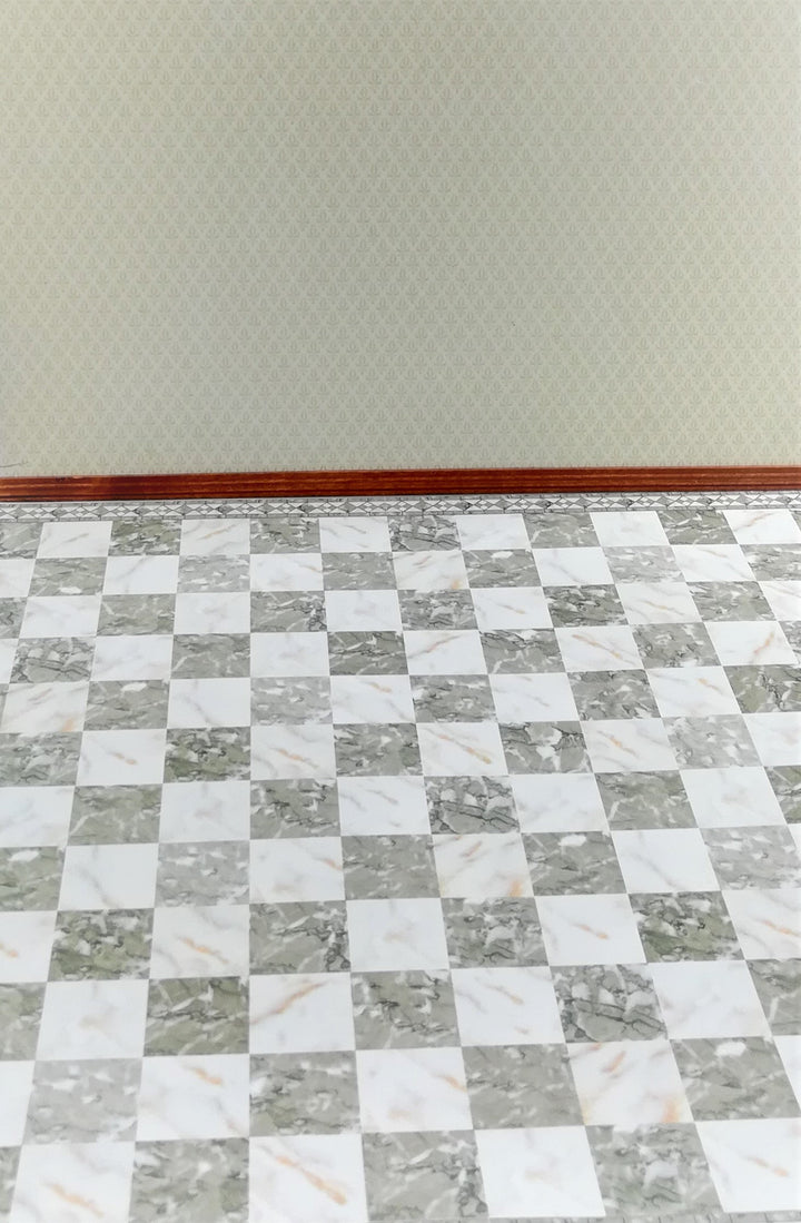 Dollhouse Miniature Tile Floor Gray Brown & White Marble with Border 1:12 Scale