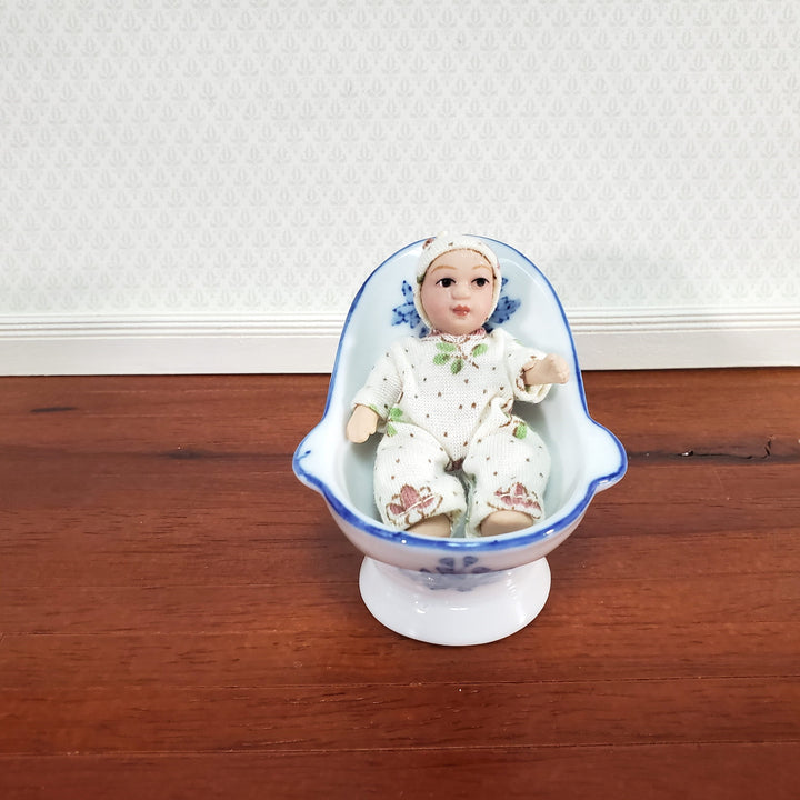 Dollhouse Hip Bath Bathtub Ceramic Tub Small Blue Floral Design 1:12 Scale Miniature Bathroom