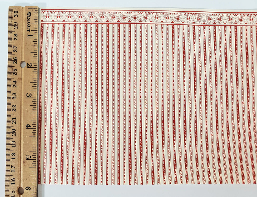 Dollhouse HALF SCALE Wallpaper 3 Sheets Red & Cream Striped "Regency" 1:24 Scale