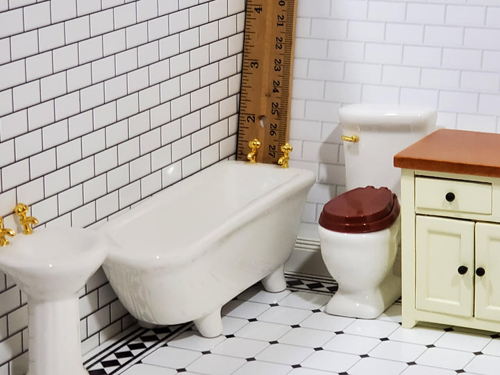 Dollhouse Bathroom Set Tub Toilet Sink All White Ceramic 3 Pieces 1:12 Scale Miniatures