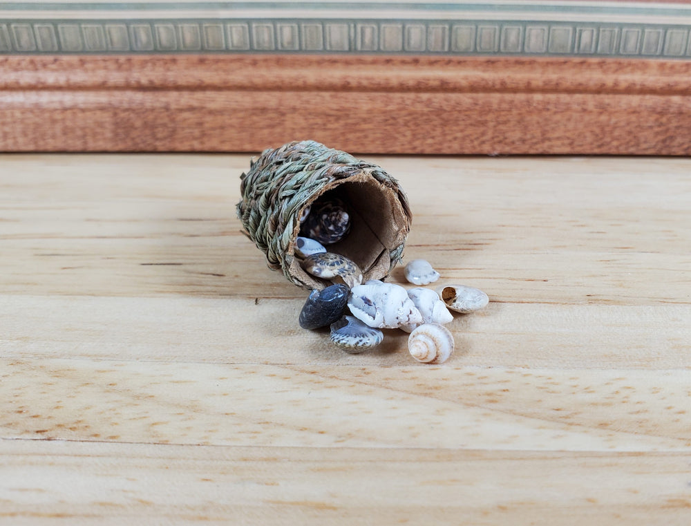 Tiny Seashells in Small Round Natural Fiber Basket 1:12 Scale Miniature