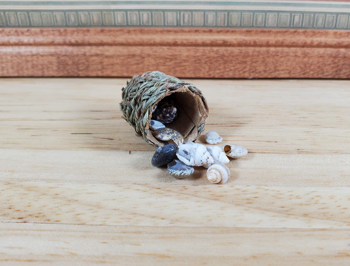 Tiny Seashells in Small Round Natural Fiber Basket 1:12 Scale Miniature