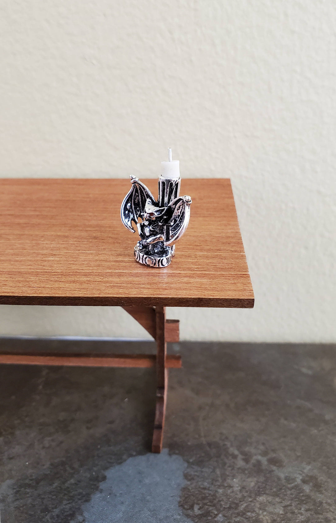 Dollhouse Miniature Gargoyle Bat Candle Holder Silver Finish Metal 1:12 Scale