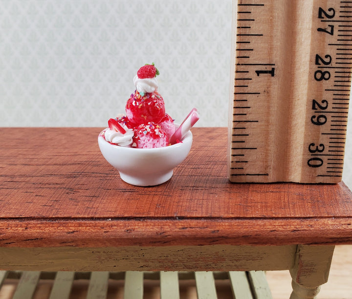 Dollhouse Strawberry Ice Cream Sundae in Ceramic Bowl LARGE 1:12 Scale Miniature