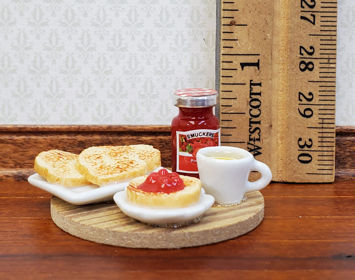 Dollhouse Toast Set with Jelly Plates &Tea on Cutting Board 1:12 Scale Miniature Food Kitchen