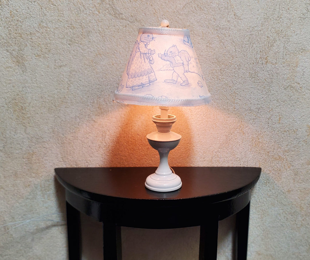 Dollhouse Nursery Table Lamp Blue Shade White Brass Base 12 Volt Wired 1:12