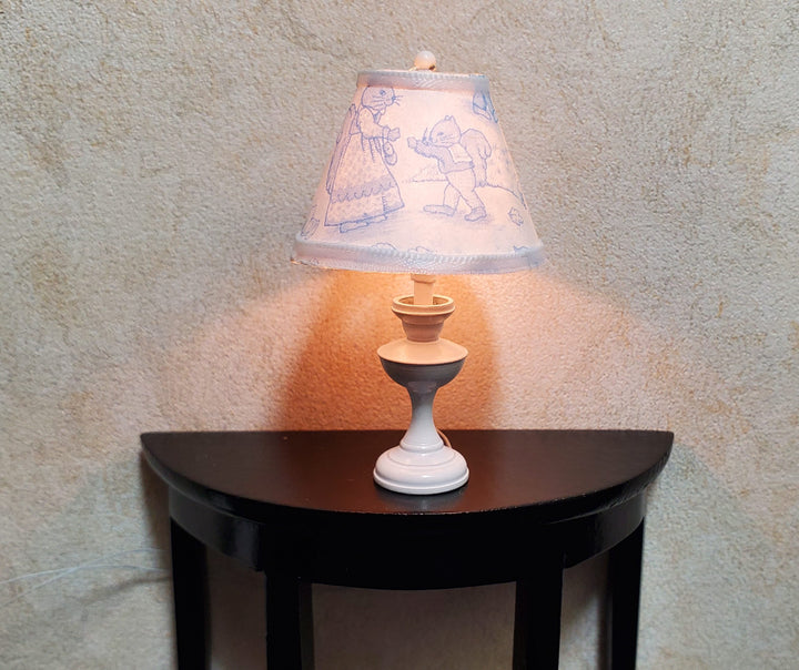 Dollhouse Nursery Table Lamp Blue Shade White Brass Base 12 Volt Wired 1:12