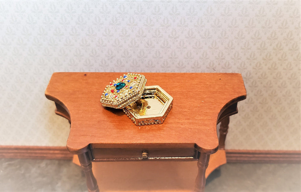 Dollhouse Gold Jewelry Box with Jewels Opening Lid 1:12 Scale Miniature