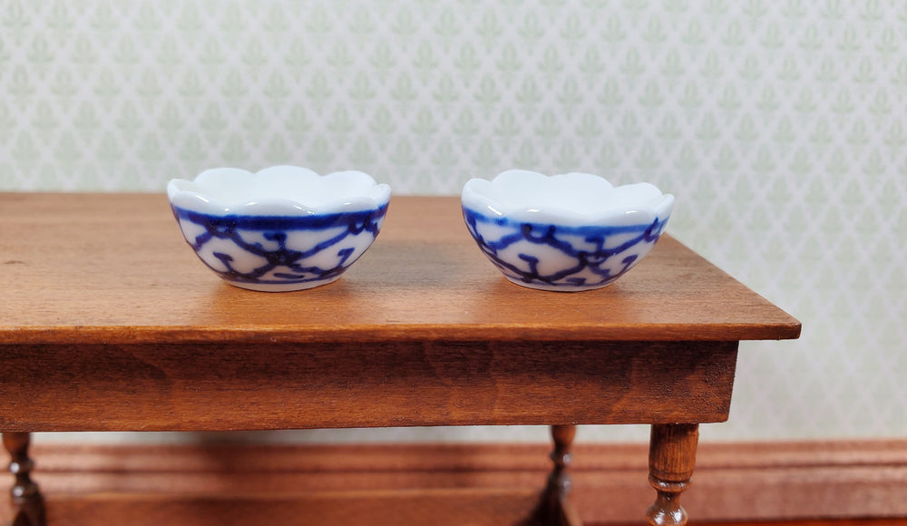Dollhouse Serving Bowls Ceramic Blue & White Trellis Design 1:12 Scale Miniature