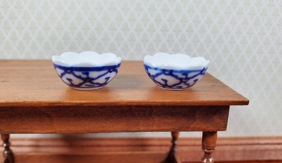 Dollhouse Serving Bowls Ceramic Blue & White Trellis Design 1:12 Scale Miniature