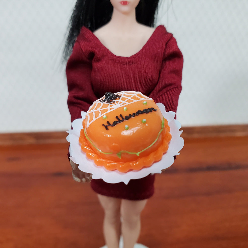 Dollhouse Halloween Cake with Spider & Web Round 1:12 Miniature Orange & White