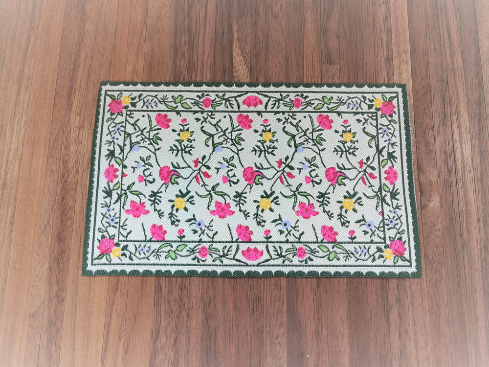 Dollhouse Miniature Rug Floral and Ivy 6 1/2" x 3 7/8" 1:12 Scale Green Cream Pink Yellow