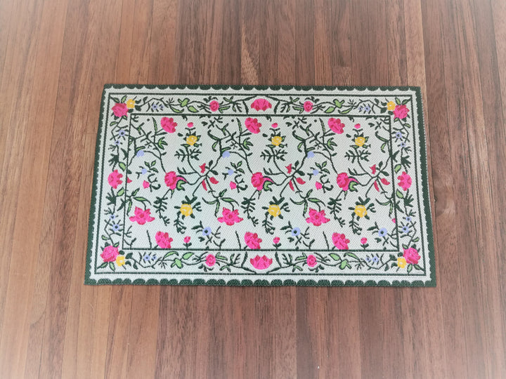 Dollhouse Miniature Rug Floral and Ivy 6 1/2" x 3 7/8" 1:12 Scale Green Cream Pink Yellow