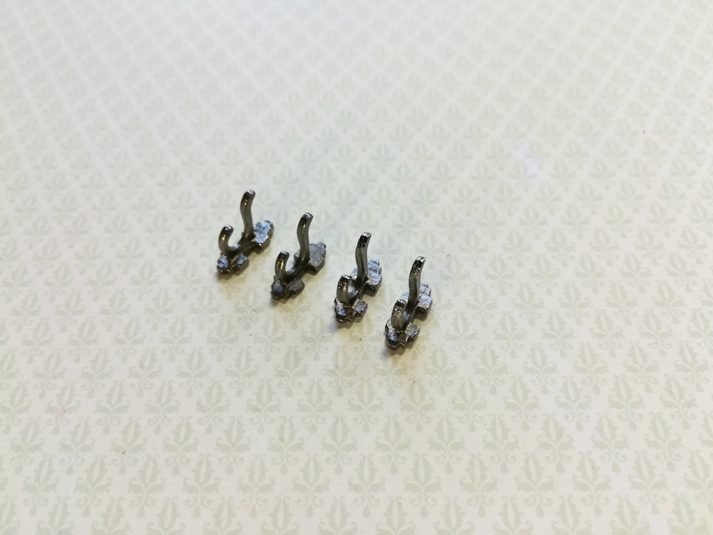Dollhouse Miniature Wall Hooks Set of 4 Metal 1:12 Scale Pewter Finish 1/2"