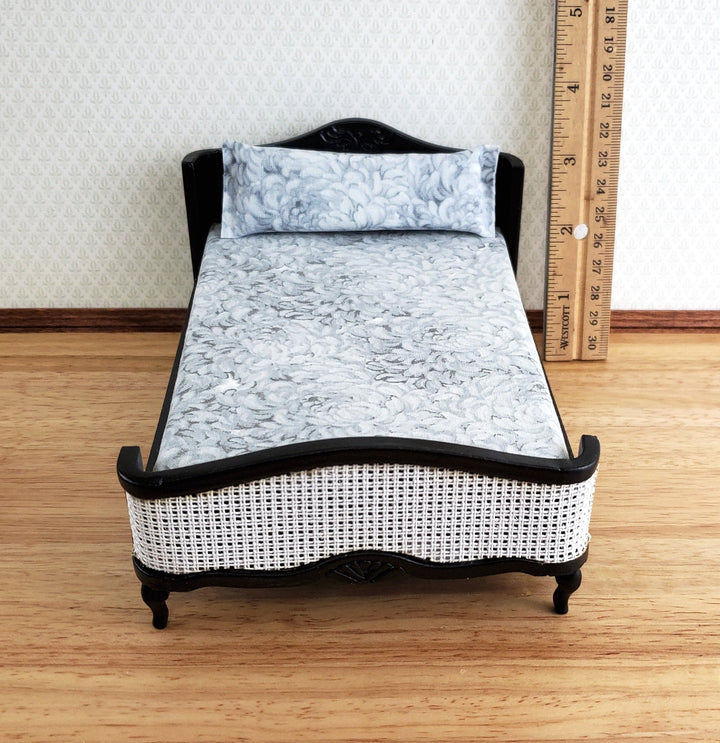 Dollhouse Double Bed Black with Mattress Pillow 1:12 Scale Bedroom Furniture