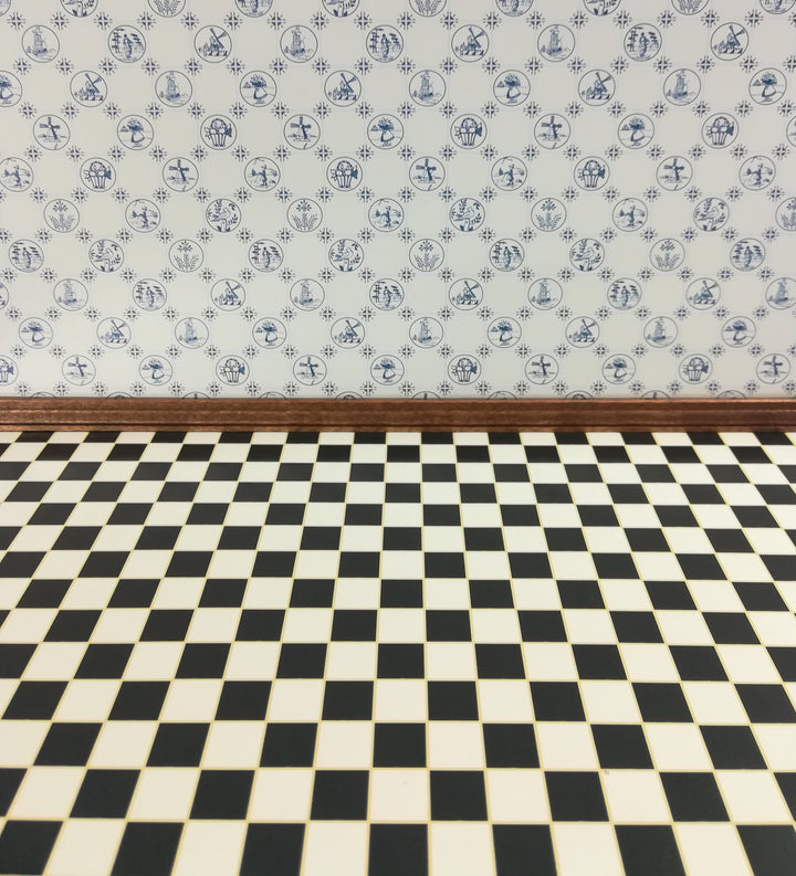 Dollhouse Miniature Tile Flooring Black & White Checked Squares 1:12 Scale Floor