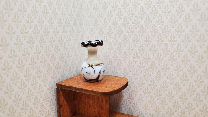 Dollhouse Glass Vase White with Black Swirls Handmade 1:12 Scale Miniature