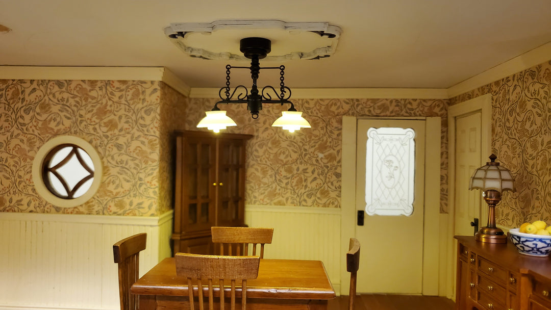 Dollhouse Ceiling Light Black with Chains & Wand 1:12 Miniature Battery Lamp