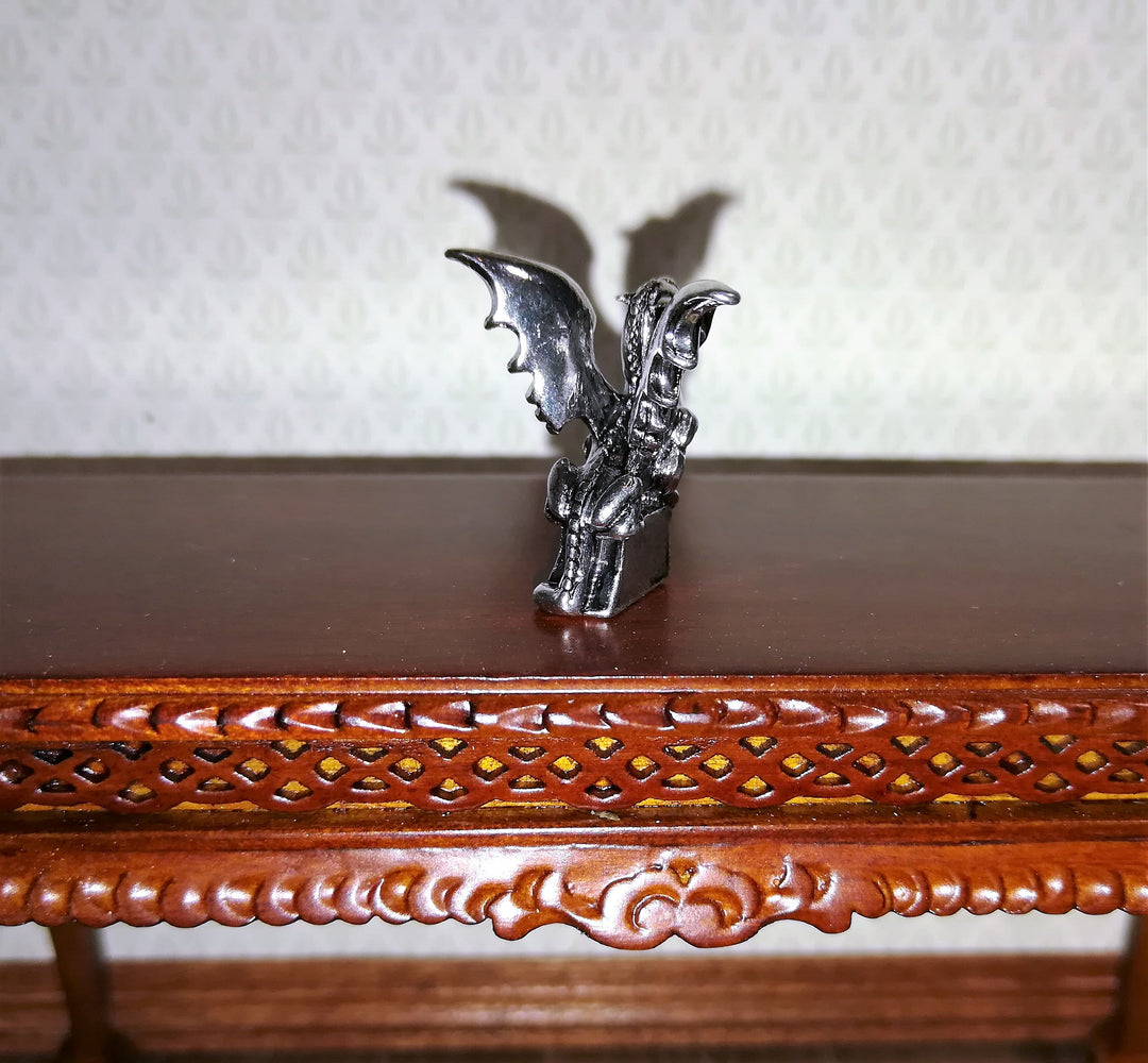 Miniature Dragon Statue Silver Metal 1:12 Scale Dollhouse 7/8" Tall Detailed