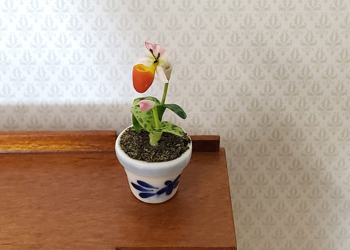 Dollhouse Potted Orchid Pink & White Flowering Plant in Ceramic Pot 1:12 Scale