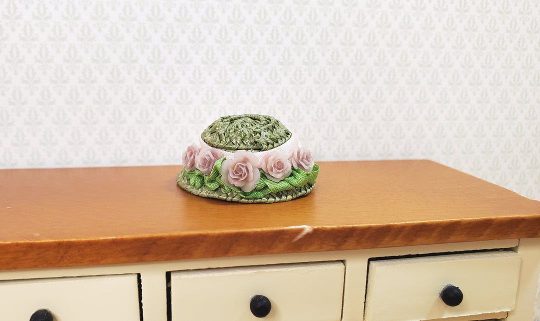 Dollhouse Victorian Hat Green with Pink Roses Handmade 1:12 Scale Miniature