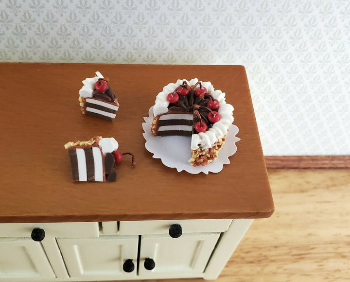 Dollhouse Miniature Cake with 3 Pieces Chocolate Cherry 1:12 Scale Dessert Food