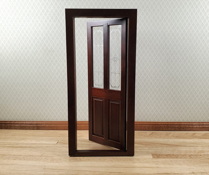 Dollhouse Exterior Front Door with Windows 1:12 Scale Miniature Walnut Finish