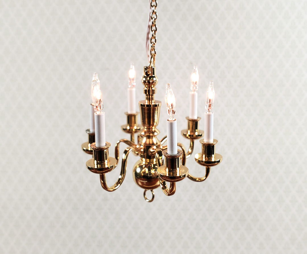 Dollhouse Brass Chandelier 6 Arm 12 Volt Electric 1:12 Scale Miniature