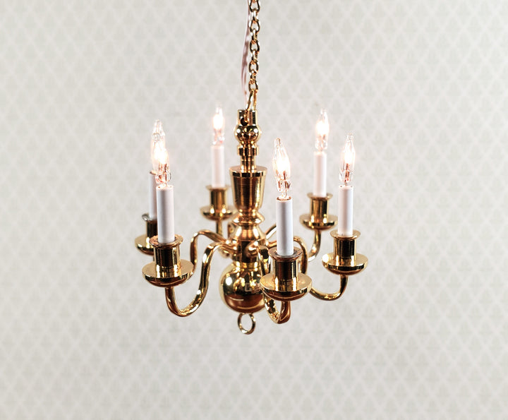 Dollhouse Brass Chandelier 6 Arm 12 Volt Electric 1:12 Scale Miniature