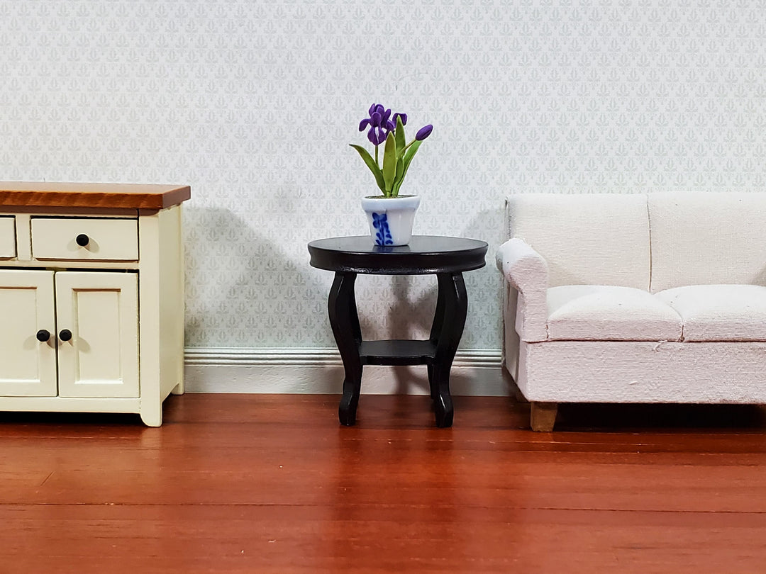 Dollhouse Table Small Round Side or End Table Black Lower Shelf 1:12 Scale Miniature Furniture