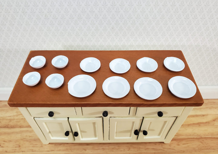Dollhouse Metal Dishes White Plates Bowls Set of 12 Pieces 1:12 Scale Miniatures