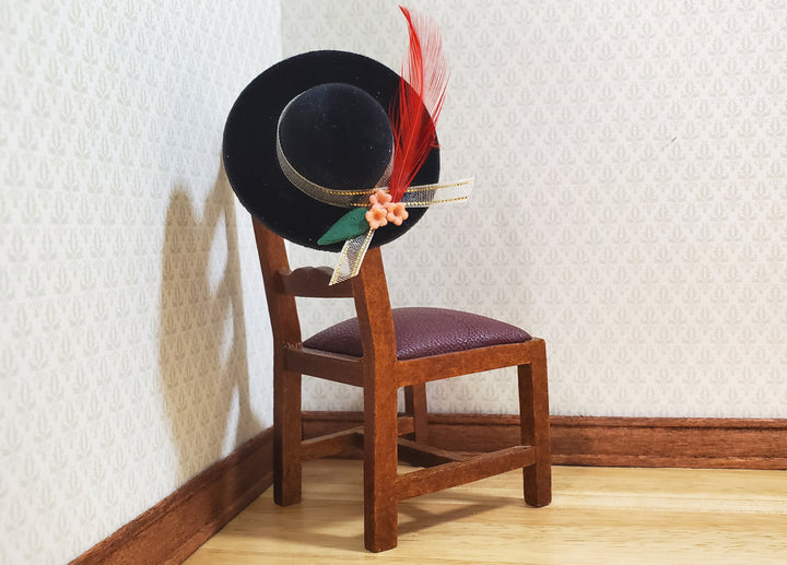 Dollhouse Black Velvet Hat with Feather & Flowers Wearable 1:12 Scale Miniature