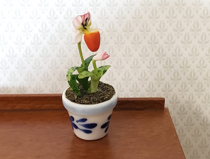 Dollhouse Potted Orchid Pink & White Flowering Plant in Ceramic Pot 1:12 Scale