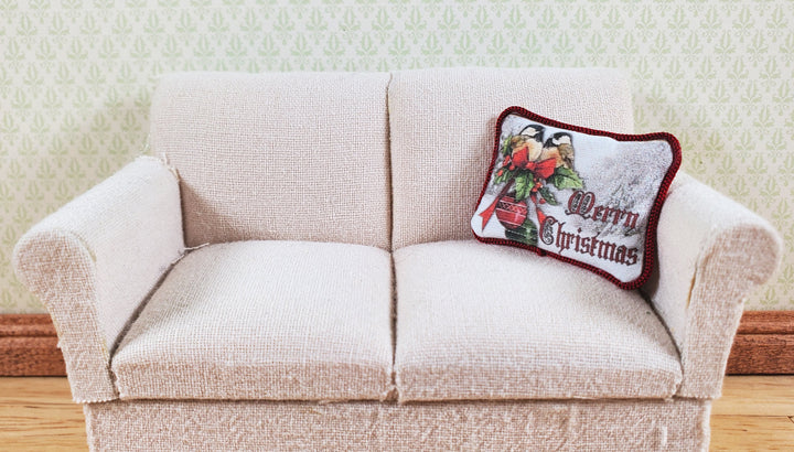 Dollhouse Christmas Pillow Chickadees & Holly Handmade 1:12 Scale Miniature