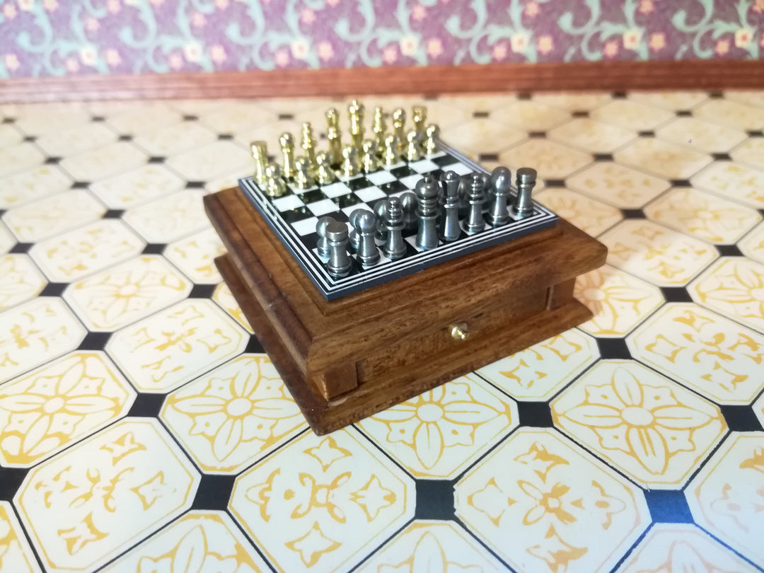 Miniature Chess Set with Metal Magnetic Chess Pieces and Storage Drawer 1:12