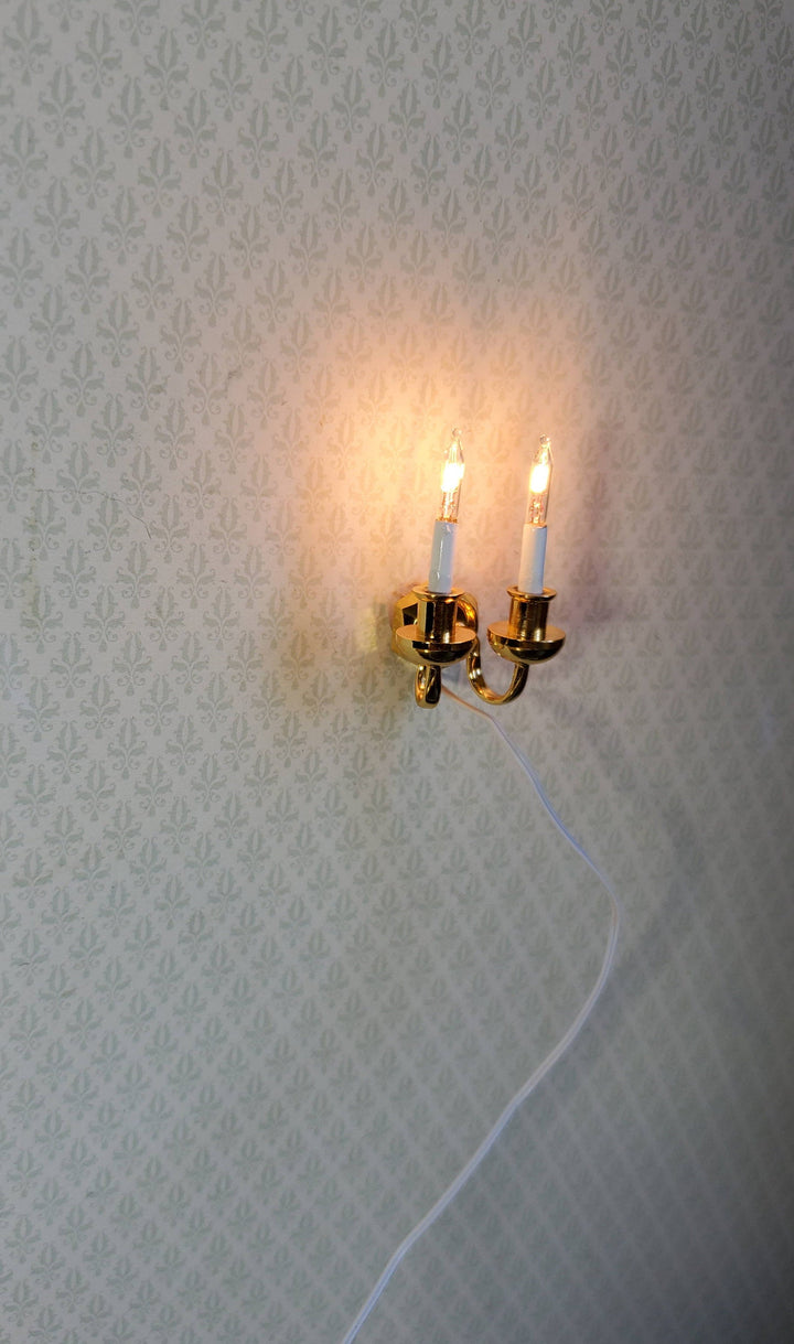 Dollhouse Wall Sconce Double Candle Gold 12 Volt with Plug 1:12 Wall Light