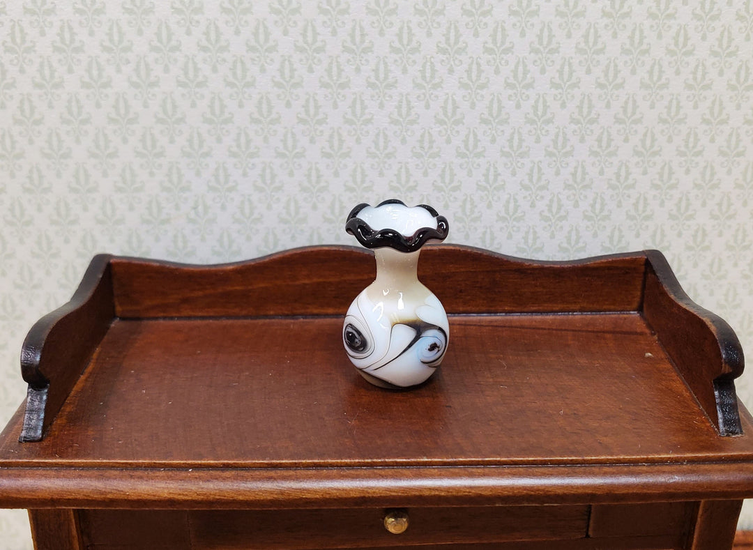 Dollhouse Glass Vase White with Black Swirls Handmade 1:12 Scale Miniature