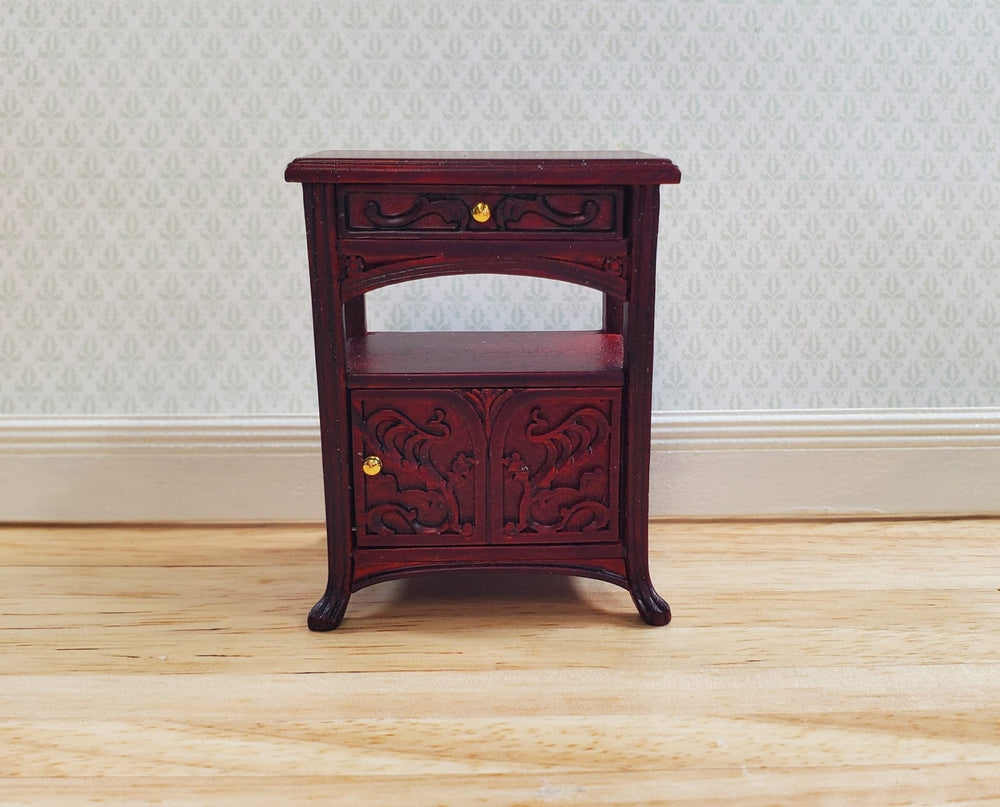 JBM Dollhouse Art Nouveau Side Table Nightstand 1:12 Scale Mahogany Finish - MiniatureCrush