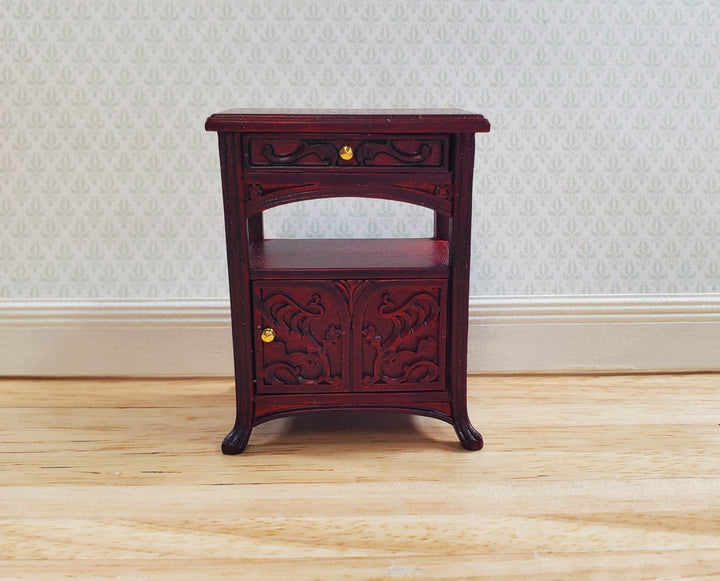 JBM Dollhouse Art Nouveau Side Table Nightstand 1:12 Scale Mahogany Finish - MiniatureCrush