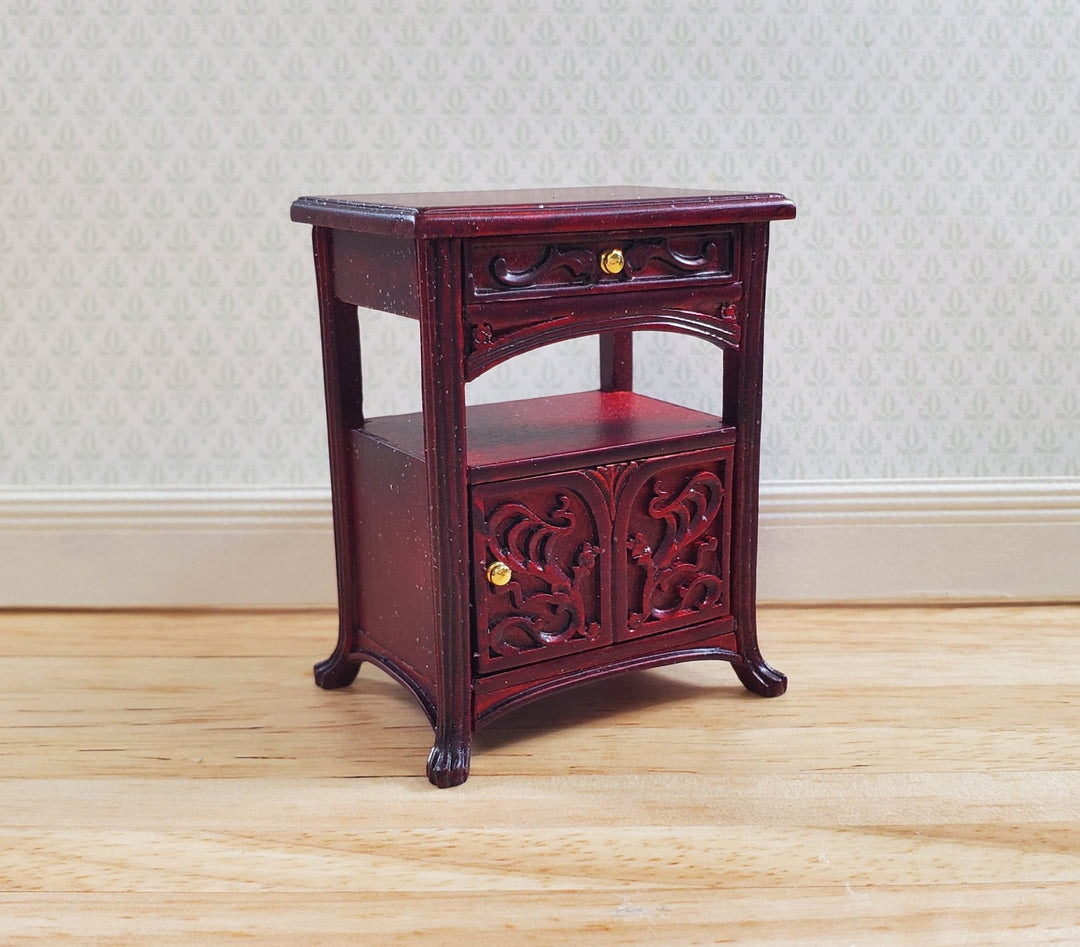 JBM Dollhouse Art Nouveau Side Table Nightstand 1:12 Scale Mahogany Finish - MiniatureCrush