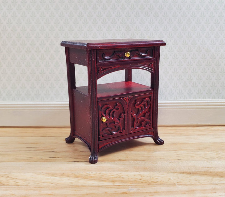 JBM Dollhouse Art Nouveau Side Table Nightstand 1:12 Scale Mahogany Finish - MiniatureCrush